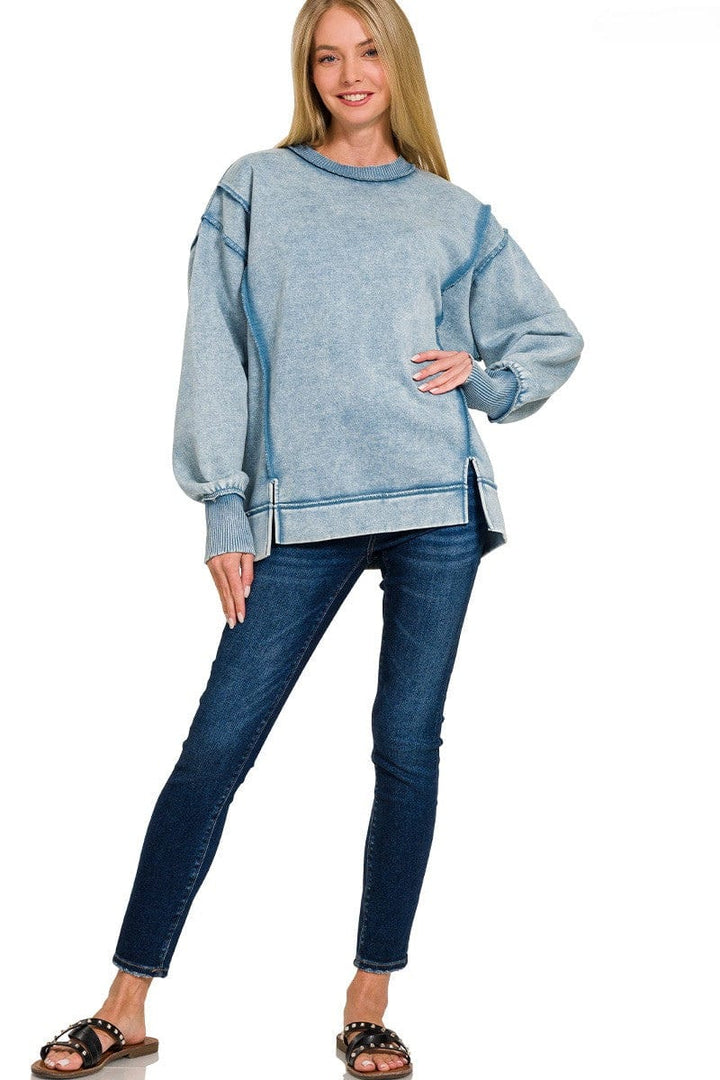 Zenana Acid Washed Exposed Seam Fleece Crew Neck Sweatshirt with Split Sleeves