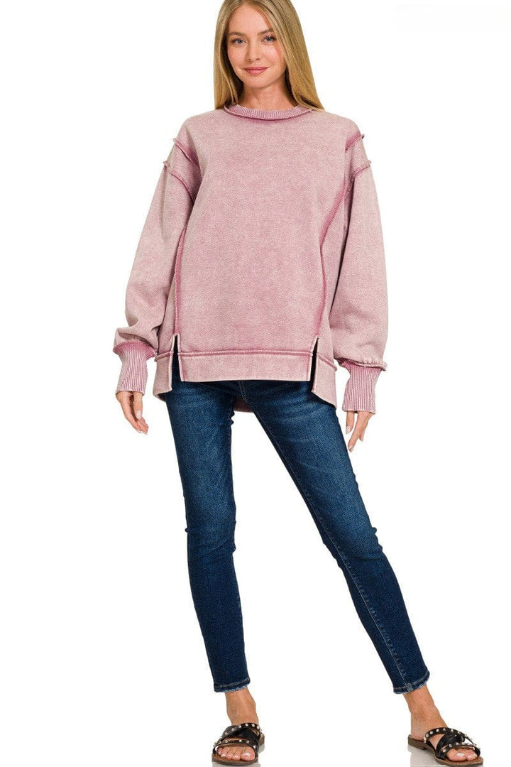 Zenana Acid Washed Exposed Seam Fleece Crew Neck Sweatshirt with Split Sleeves