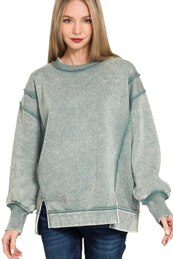 Zenana Acid Washed Exposed Seam Fleece Crew Neck Sweatshirt with Split Sleeves