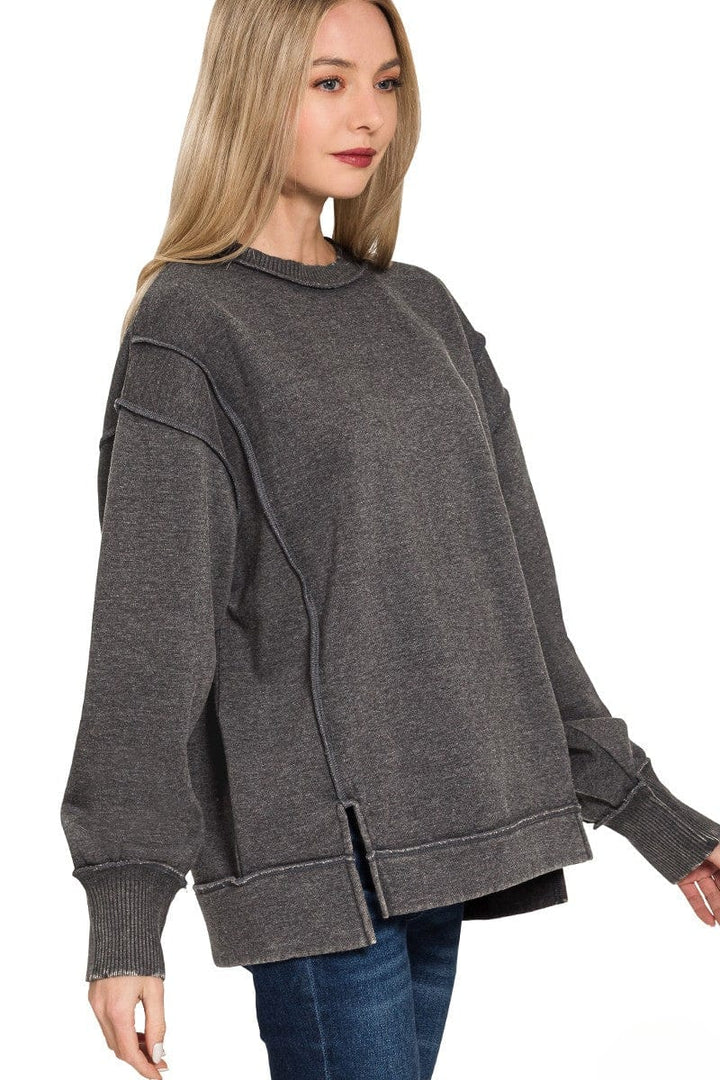 Zenana Acid Washed Exposed Seam Fleece Crew Neck Sweatshirt with Split Sleeves