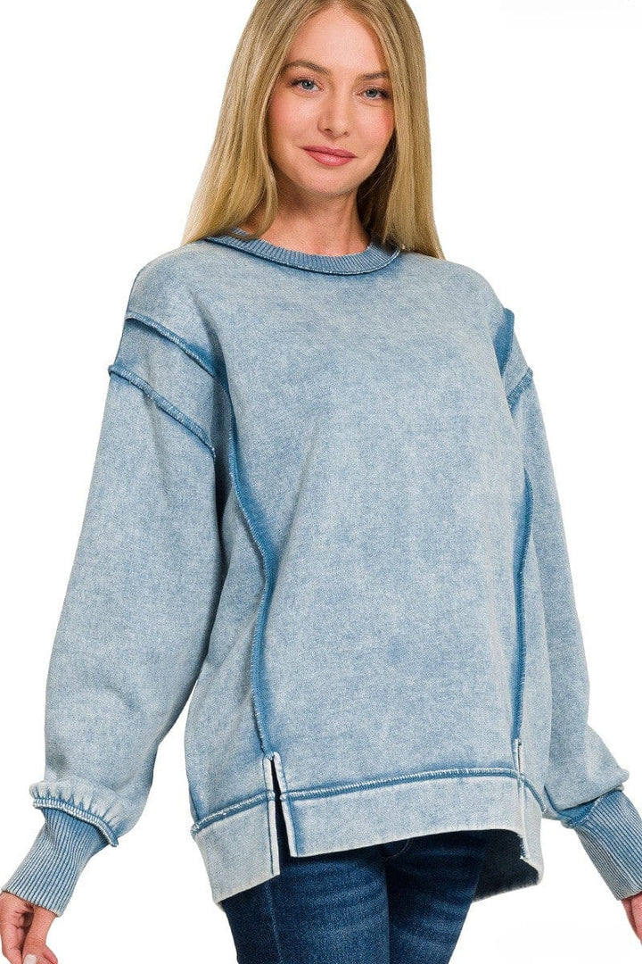 Zenana Acid Washed Exposed Seam Fleece Crew Neck Sweatshirt with Split Sleeves
