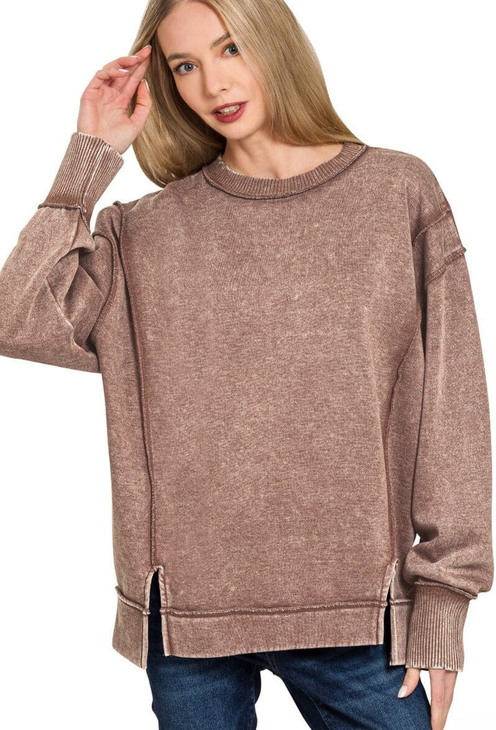 Zenana Acid Washed Exposed Seam Fleece Crew Neck Sweatshirt with Split Sleeves