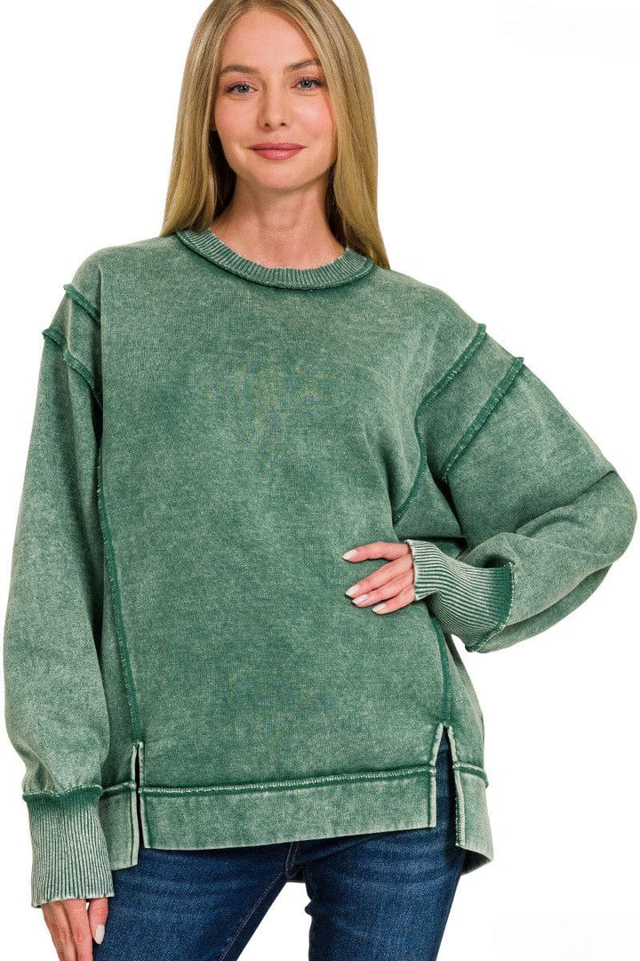 Zenana Acid Washed Exposed Seam Fleece Crew Neck Sweatshirt with Split Sleeves