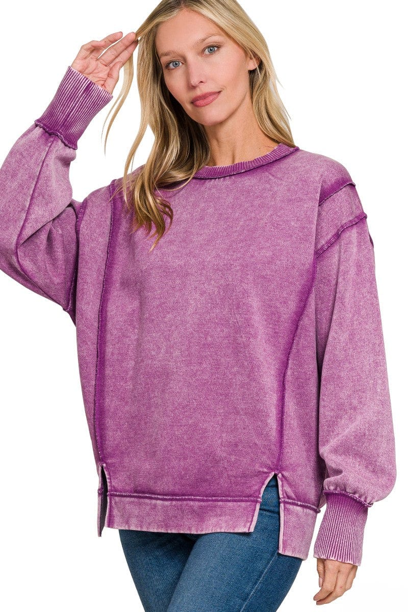 Zenana Acid Washed Exposed Seam Fleece Crew Neck Sweatshirt