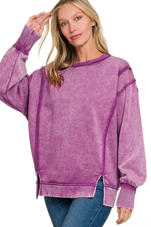Zenana Acid Washed Exposed Seam Fleece Crew Neck Sweatshirt with Split Sleeves