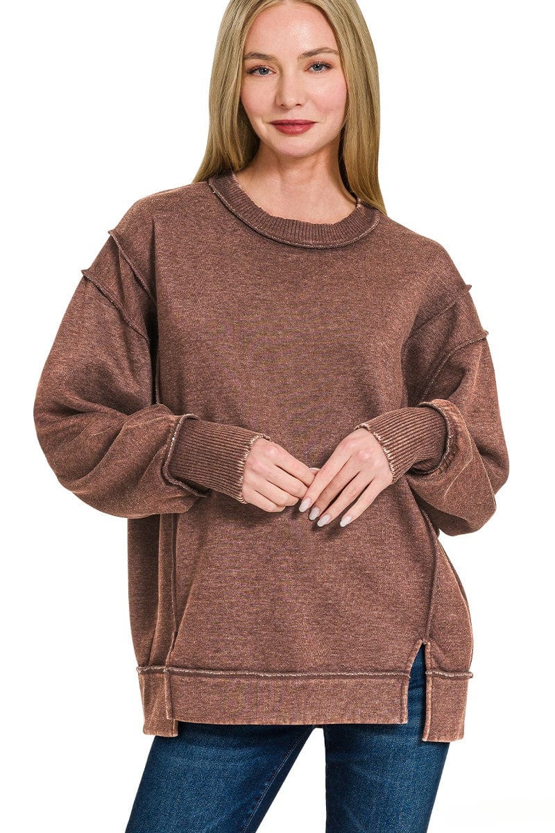 acn__ Zenana Acid Washed Exposed Seam Fleece Crew Neck Sweatshirt