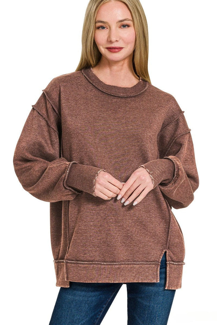 Zenana Acid Washed Exposed Seam Fleece Crew Neck Sweatshirt with Split Sleeves