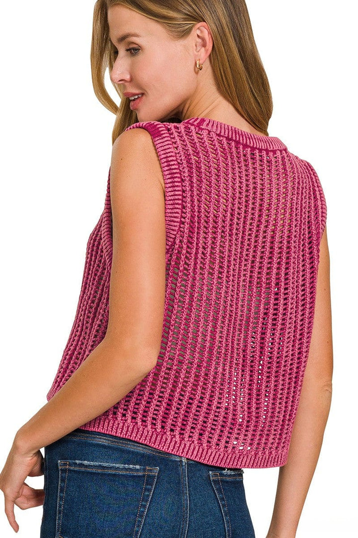 Zenana Acid Washed Fishnet Ribbed Edge Sweater Vest