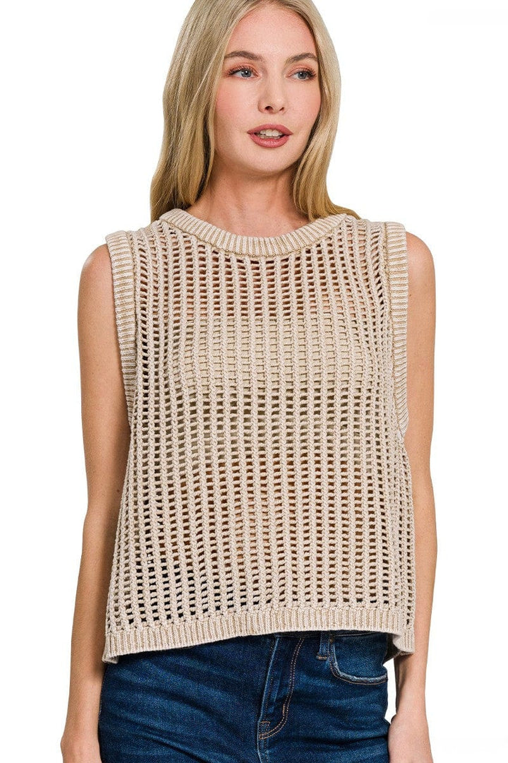 Zenana Acid Washed Fishnet Ribbed Edge Sweater Vest