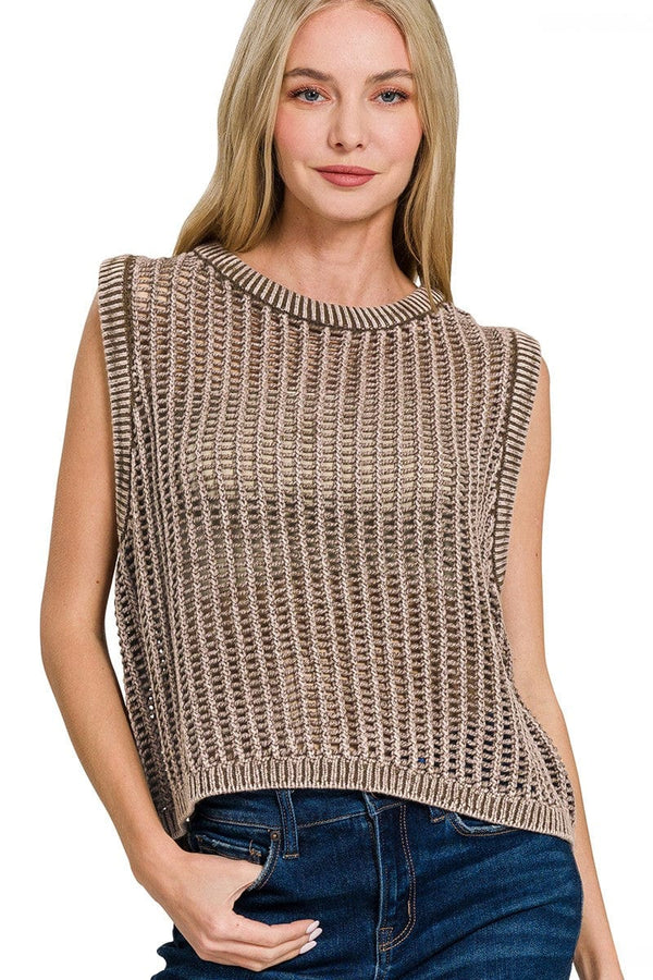 Zenana Acid Washed Fishnet Ribbed Edge Sweater Vest