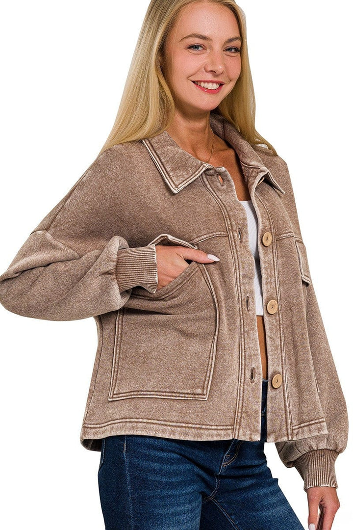 Zenana Acid Washed Fleece Large Front Pocket Cropped Button Up Shacket