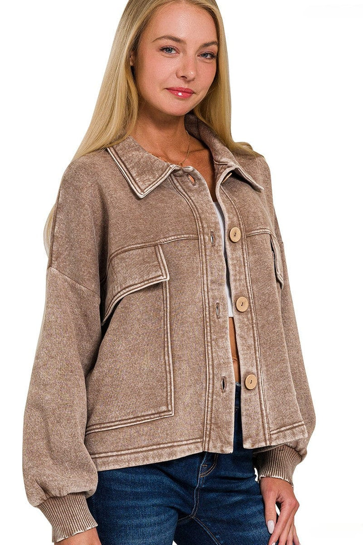 Zenana Acid Washed Fleece Large Front Pocket Cropped Button Up Shacket