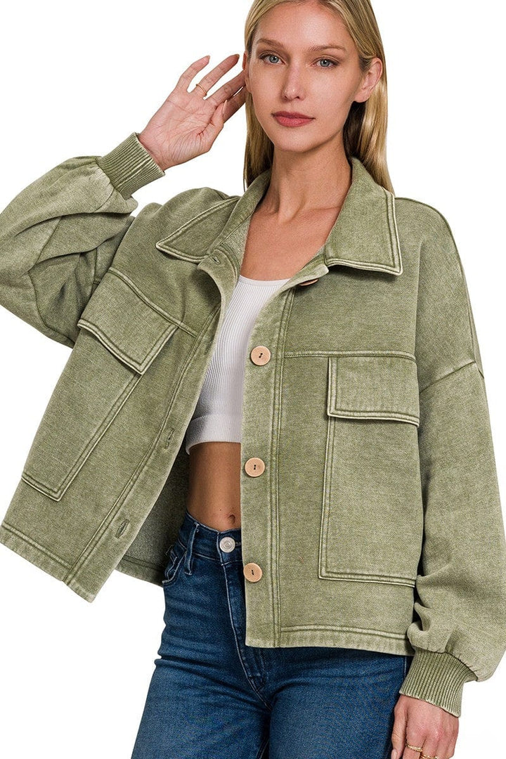 Zenana Acid Washed Fleece Large Front Pocket Cropped Button Up Shacket
