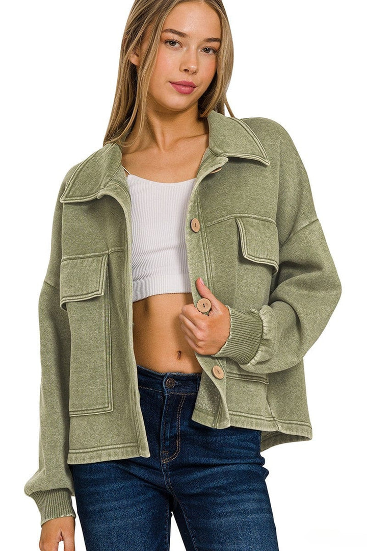 Zenana Acid Washed Fleece Large Front Pocket Cropped Button Up Shacket