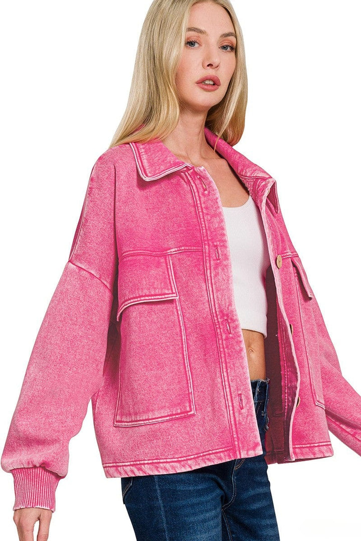 Zenana Acid Washed Fleece Large Front Pocket Cropped Button Up Shacket