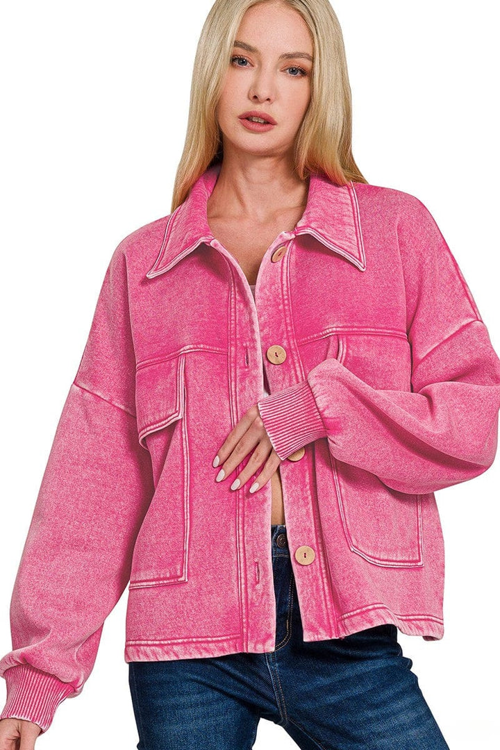 Zenana Acid Washed Fleece Large Front Pocket Cropped Button Up Shacket