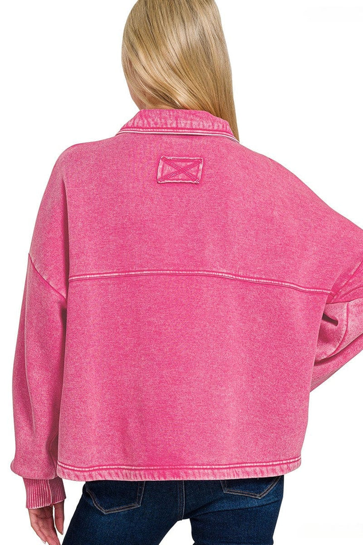 Zenana Acid Washed Fleece Large Front Pocket Cropped Button Up Shacket