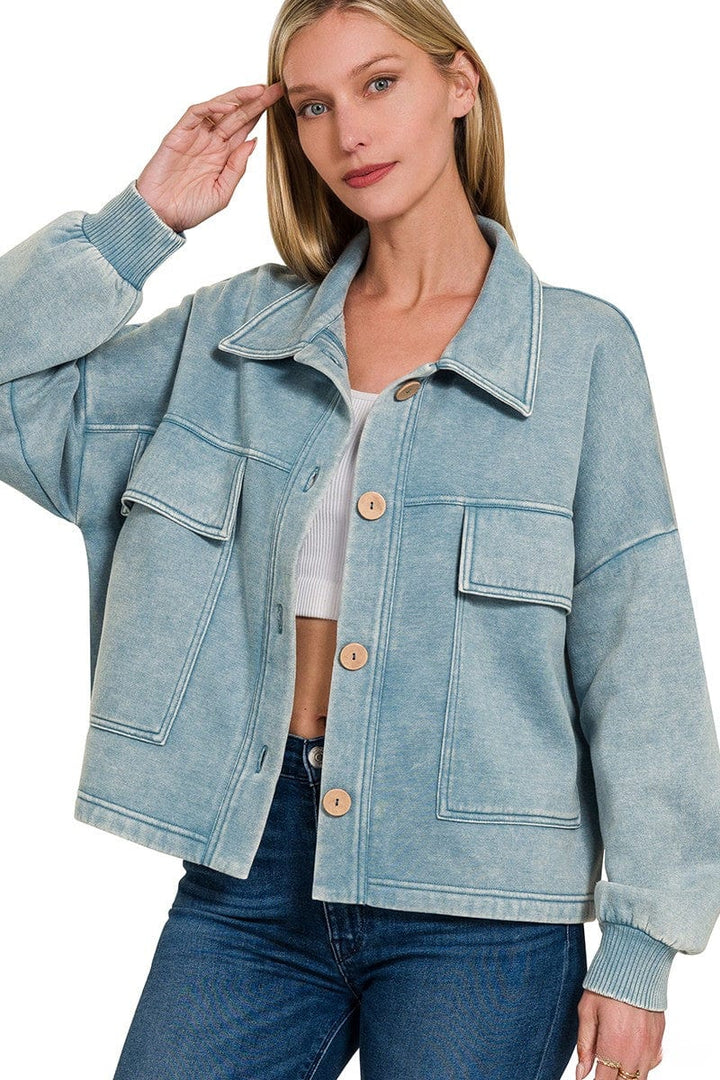 Zenana Acid Washed Fleece Large Front Pocket Cropped Button Up Shacket
