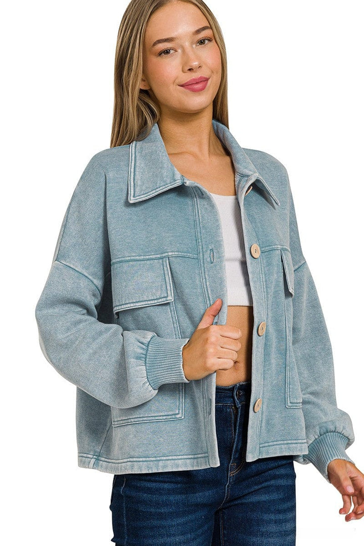 Zenana Acid Washed Fleece Large Front Pocket Cropped Button Up Shacket