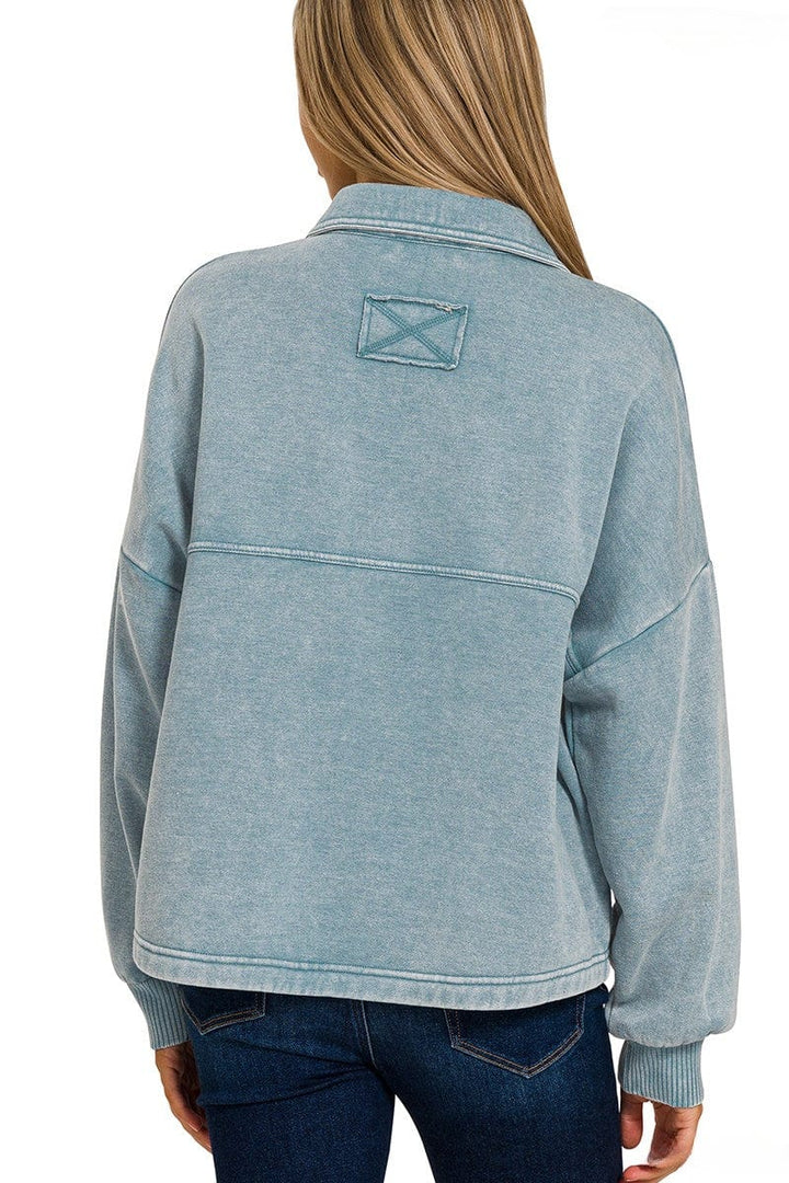 Zenana Acid Washed Fleece Large Front Pocket Cropped Button Up Shacket
