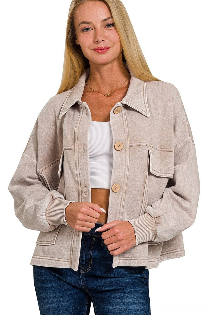 Zenana Acid Washed Fleece Large Front Pocket Cropped Button Up Shacket