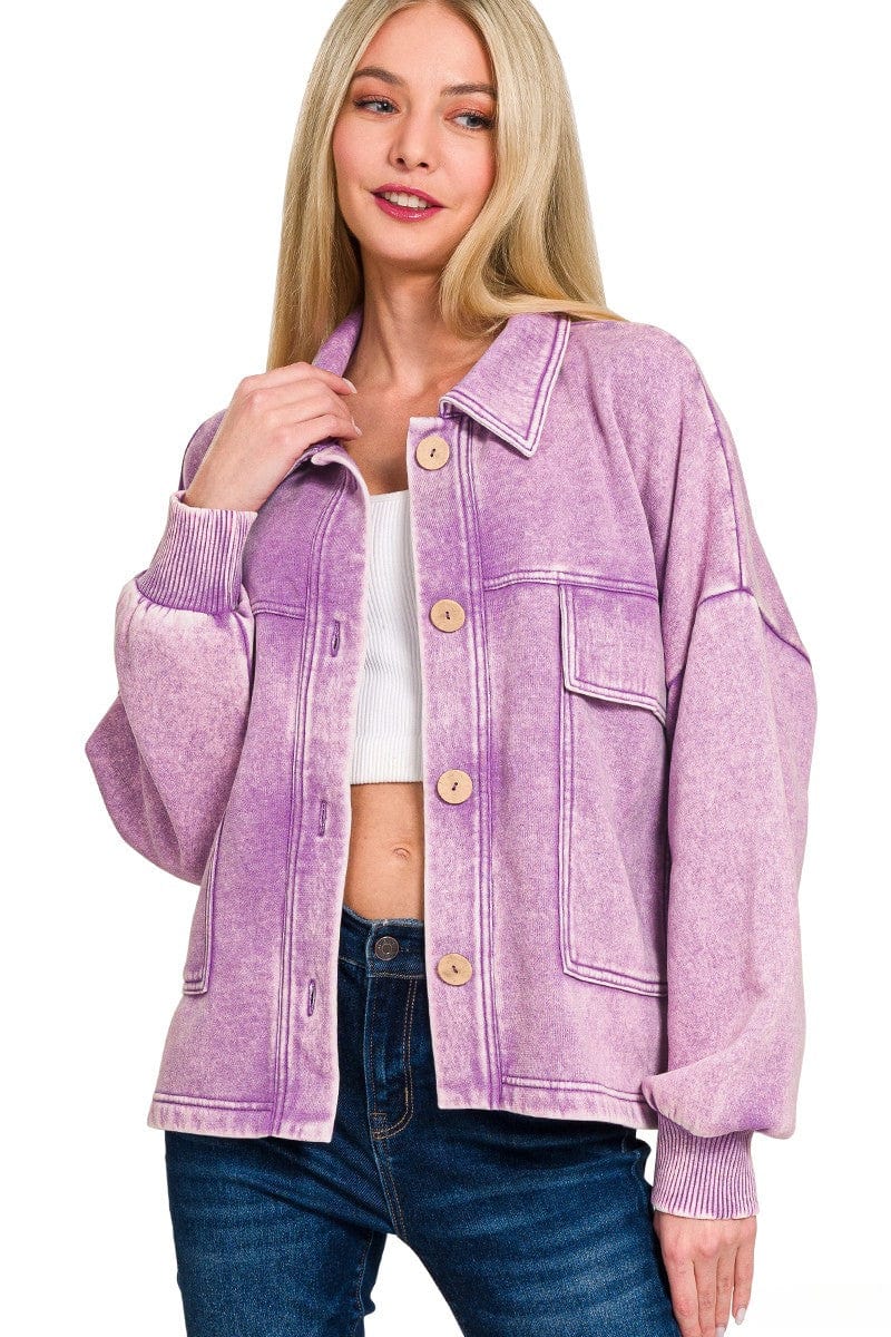 Zenana Acid Washed Fleece Large Front Pocket Cropped Button Up