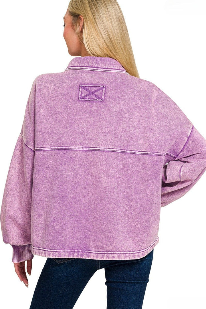 Zenana Acid Washed Fleece Large Front Pocket Cropped Button Up Shacket