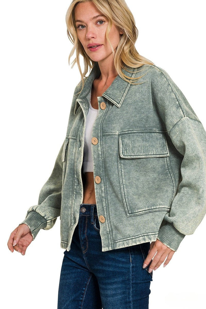 Zenana Acid Washed Fleece Large Front Pocket Cropped Button Up Shacket