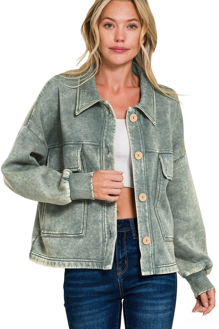 Zenana Acid Washed Fleece Large Front Pocket Cropped Button Up Shacket
