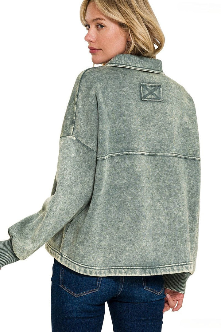 Zenana Acid Washed Fleece Large Front Pocket Cropped Button Up Shacket