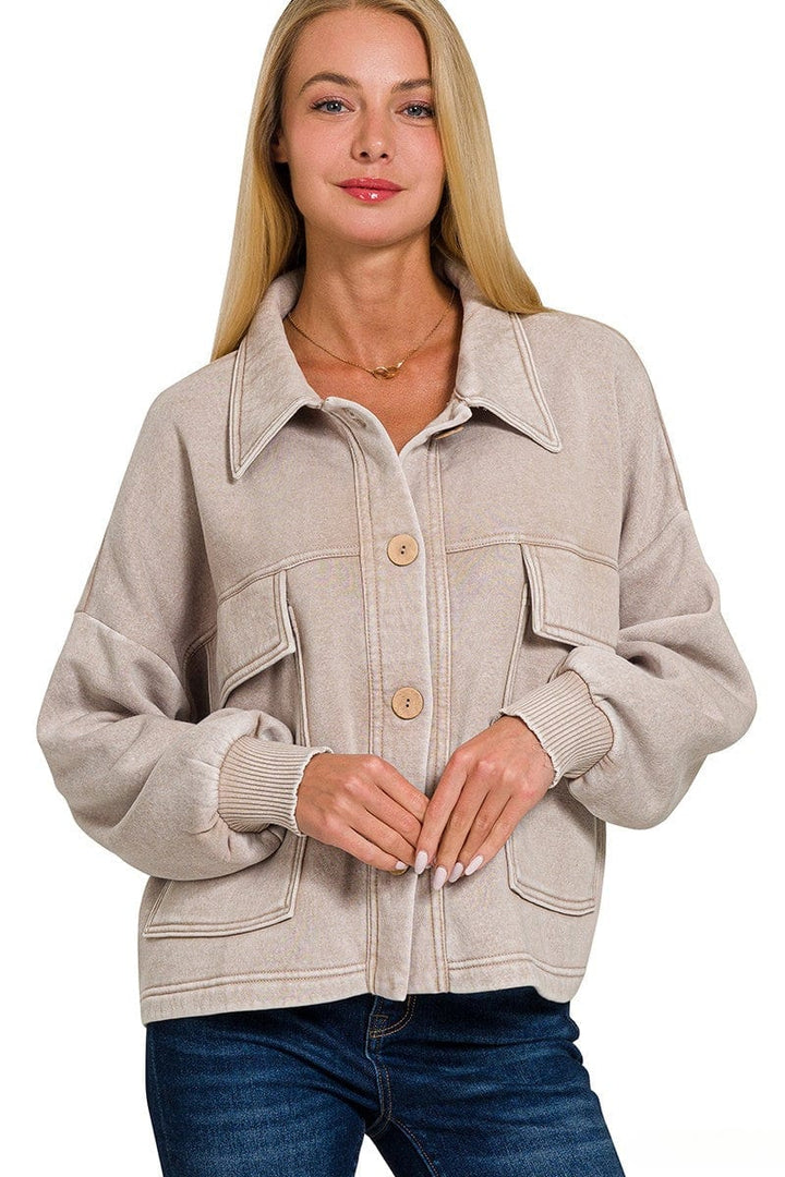 Zenana Acid Washed Fleece Large Front Pocket Cropped Button Up Shacket
