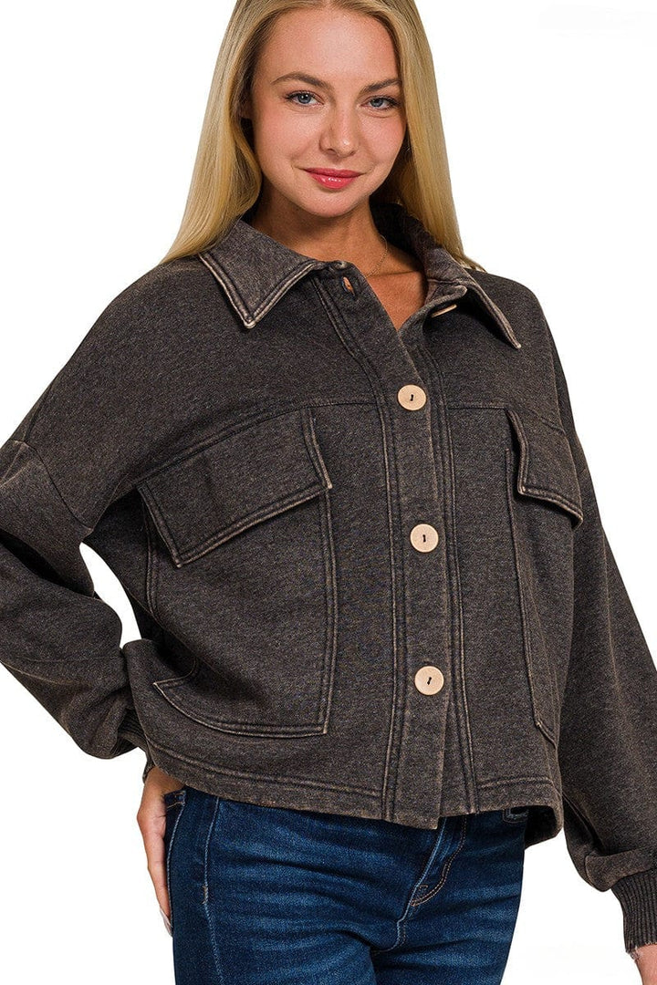 Zenana Acid Washed Fleece Large Front Pocket Cropped Button Up Shacket