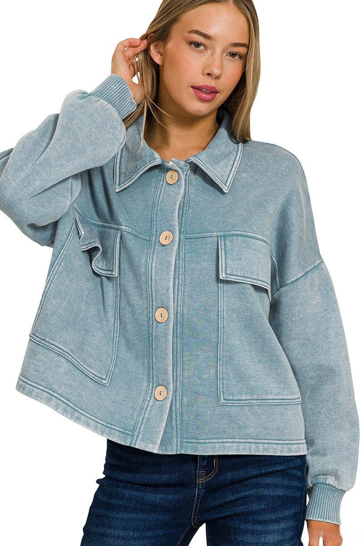 Zenana Acid Washed Fleece Large Front Pocket Cropped Button Up Shacket