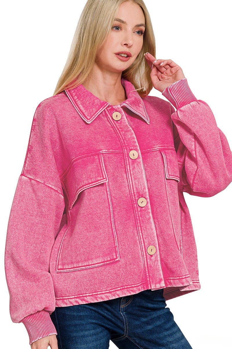 Zenana Acid Washed Fleece Large Front Pocket Cropped Button Up