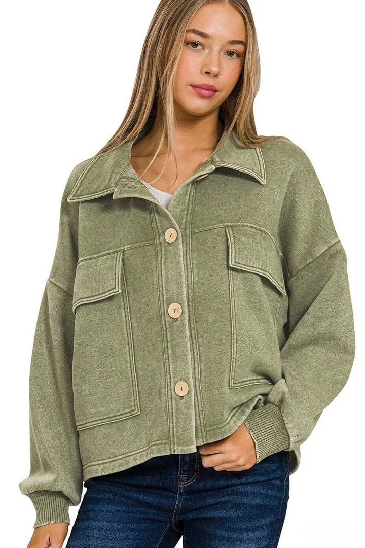 Zenana Acid Washed Fleece Large Front Pocket Cropped Button Up Shacket