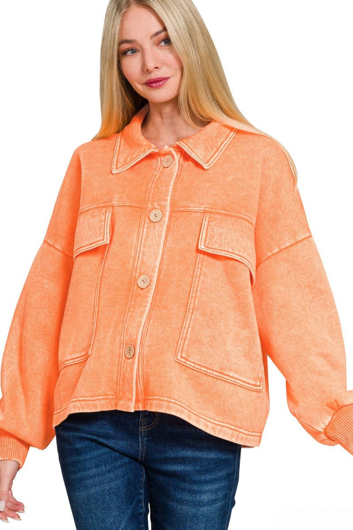 Zenana Acid Washed Fleece Large Front Pocket Cropped Button Up Shacket