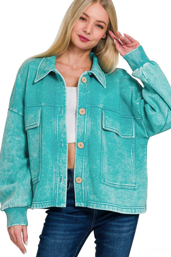 Zenana Acid Washed Fleece Large Front Pocket Cropped Button Up Shacket