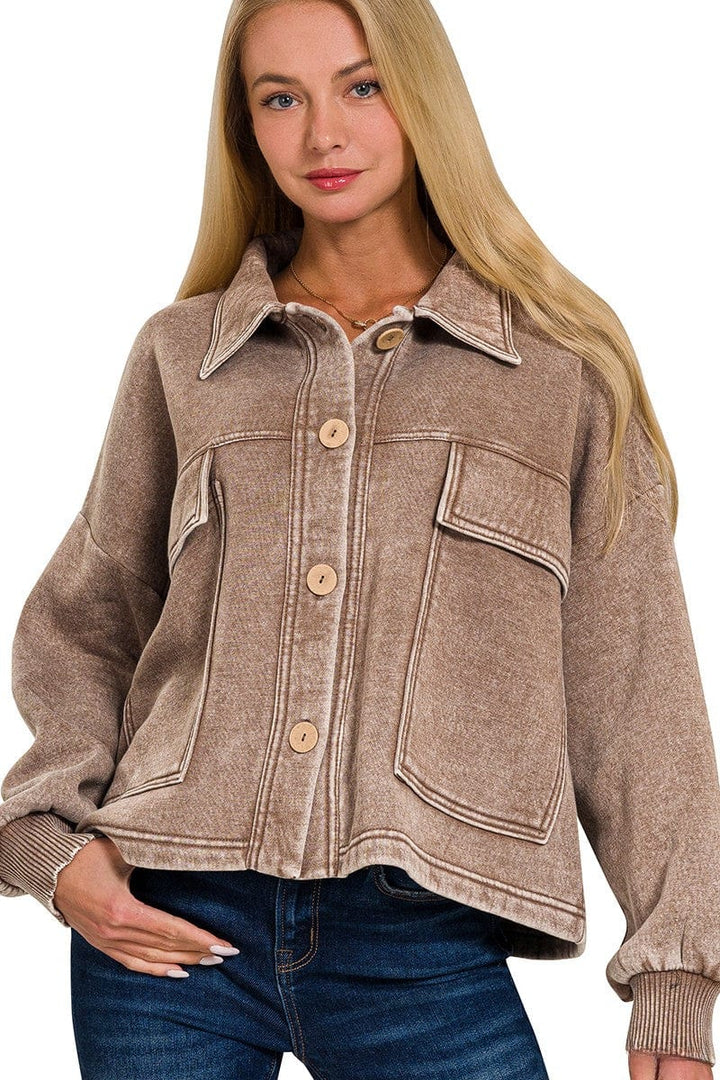 Zenana Acid Washed Fleece Large Front Pocket Cropped Button Up Shacket