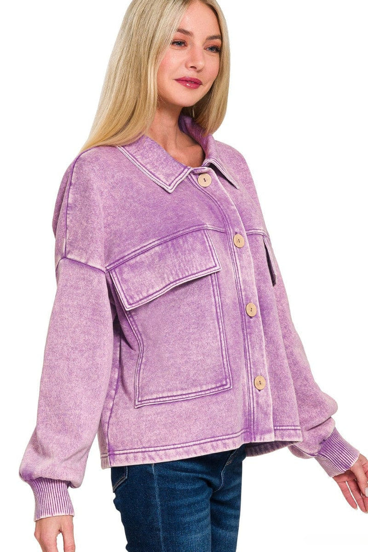 Zenana Acid Washed Fleece Large Front Pocket Cropped Button Up Shacket