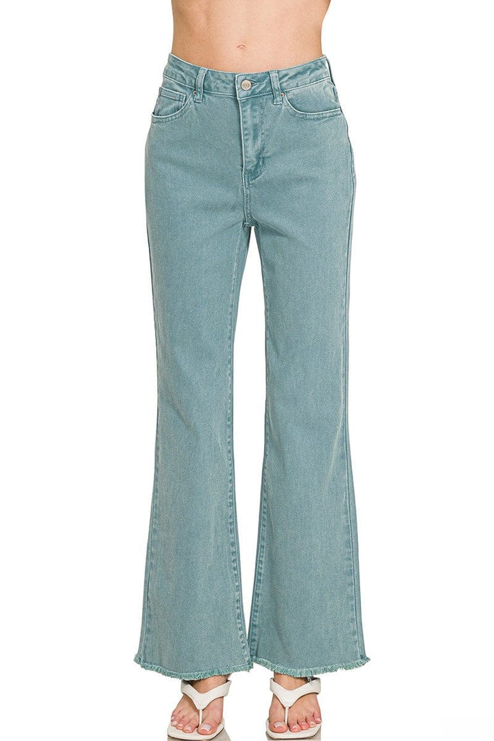 Zenana Acid Washed Frayed Cutoff Hem Straight Wide Jeans