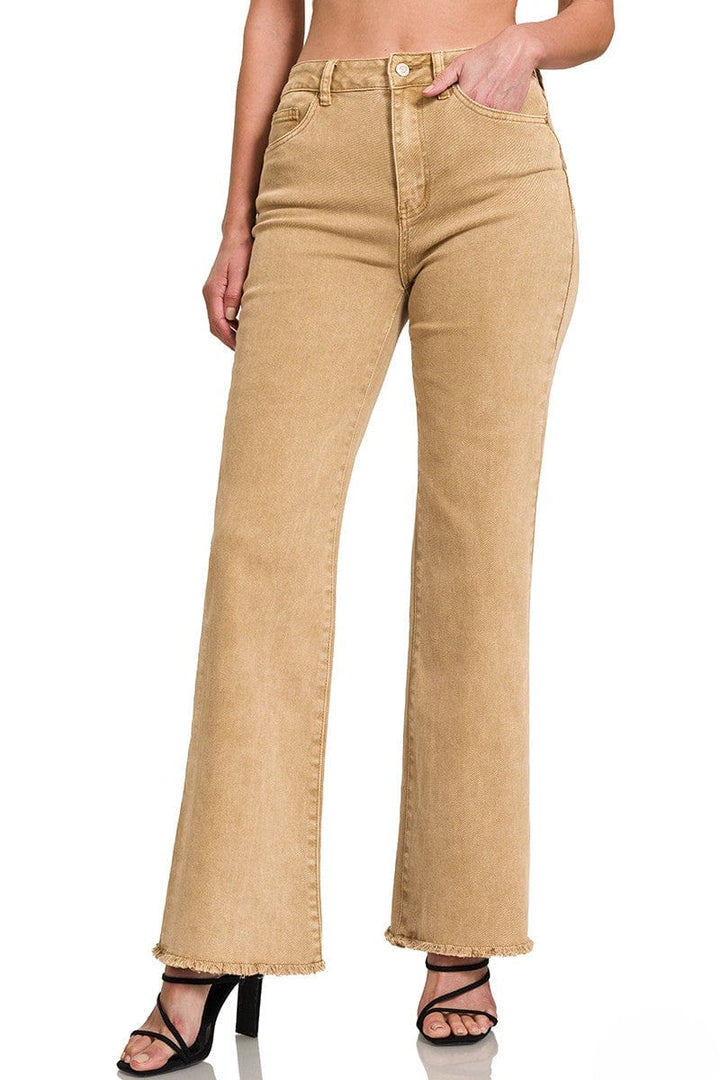 Zenana Acid Washed Frayed Cutoff Hem Straight Wide Jeans