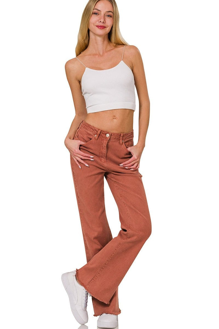 Zenana Acid Washed Frayed Cutoff Hem Straight Wide Jeans