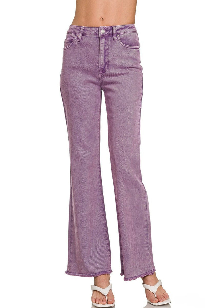 Zenana Acid Washed Frayed Cutoff Hem Straight Wide Jeans