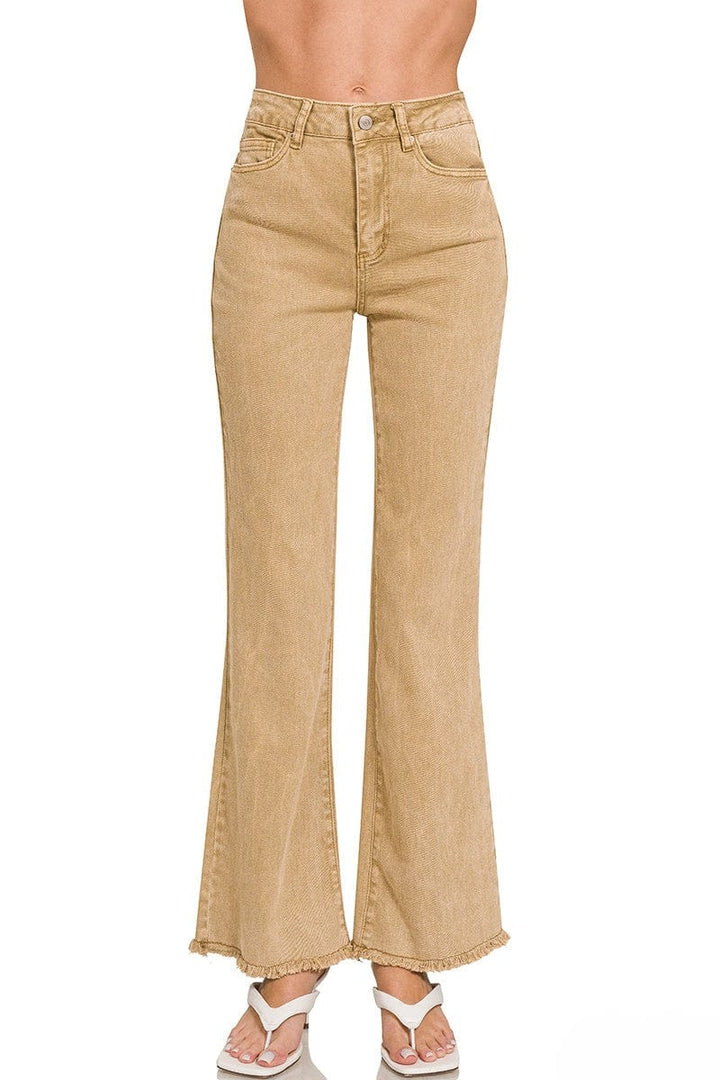 Zenana Acid Washed Frayed Cutoff Hem Straight Wide Jeans