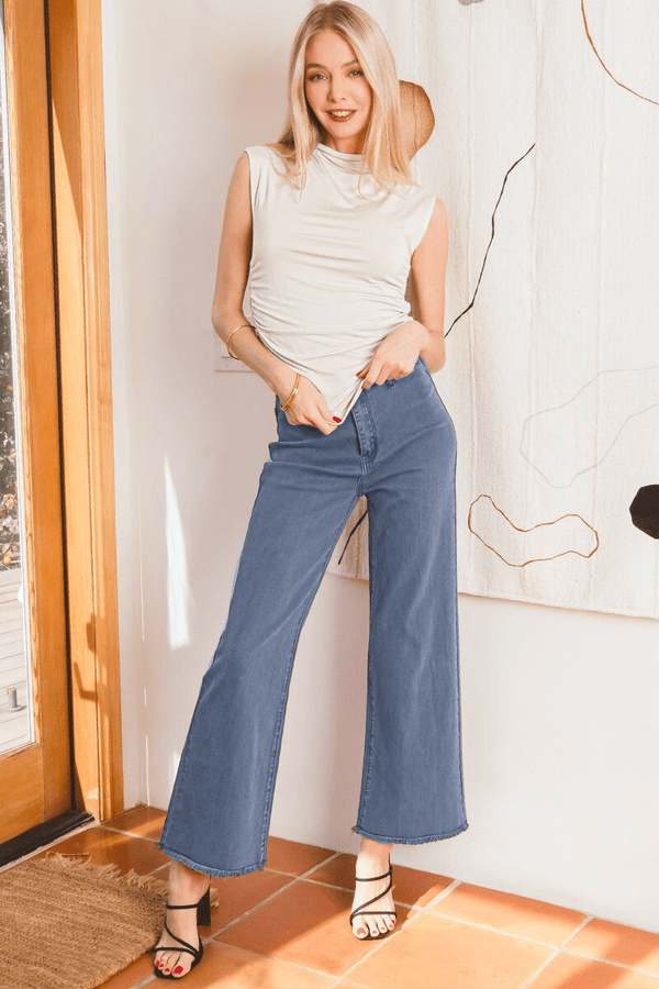 Zenana Acid Washed Frayed Cutoff Hem Straight Wide Pants