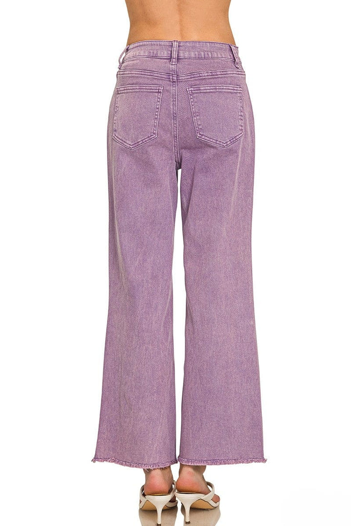 Zenana Acid Washed Frayed Cutoff Hem Straight Wide Pants