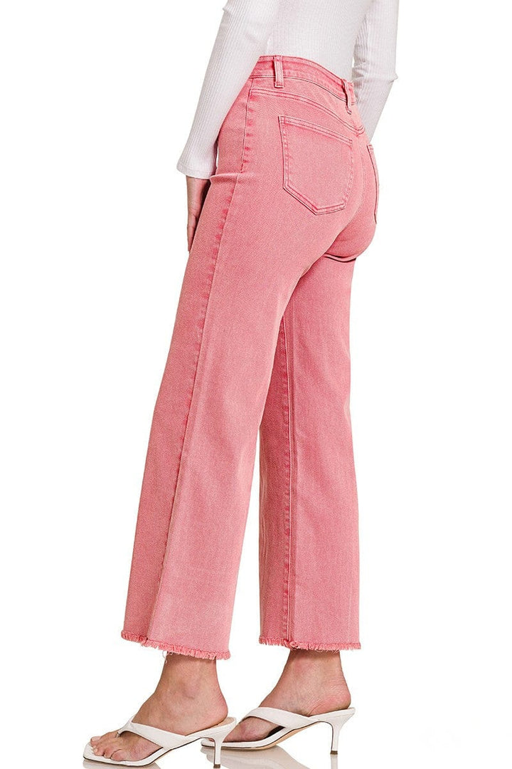 Zenana Acid Washed Frayed Cutoff Hem Straight Wide Pants