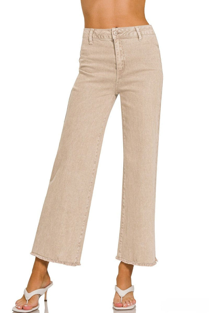 Zenana Acid Washed Frayed Cutoff Hem Straight Wide Pants