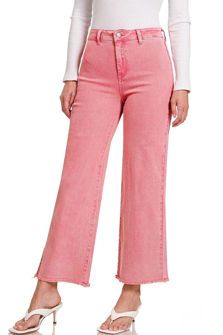 Zenana Acid Washed Frayed Cutoff Hem Straight Wide Pants