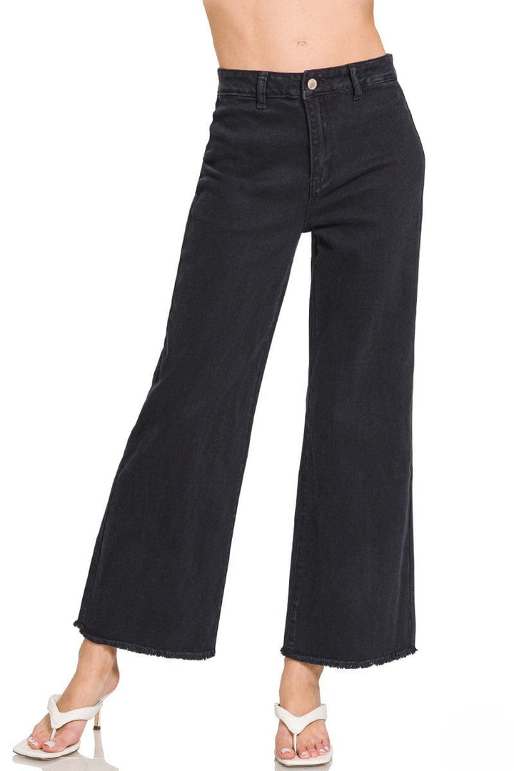 Zenana Acid Washed Frayed Cutoff Hem Straight Wide Pants